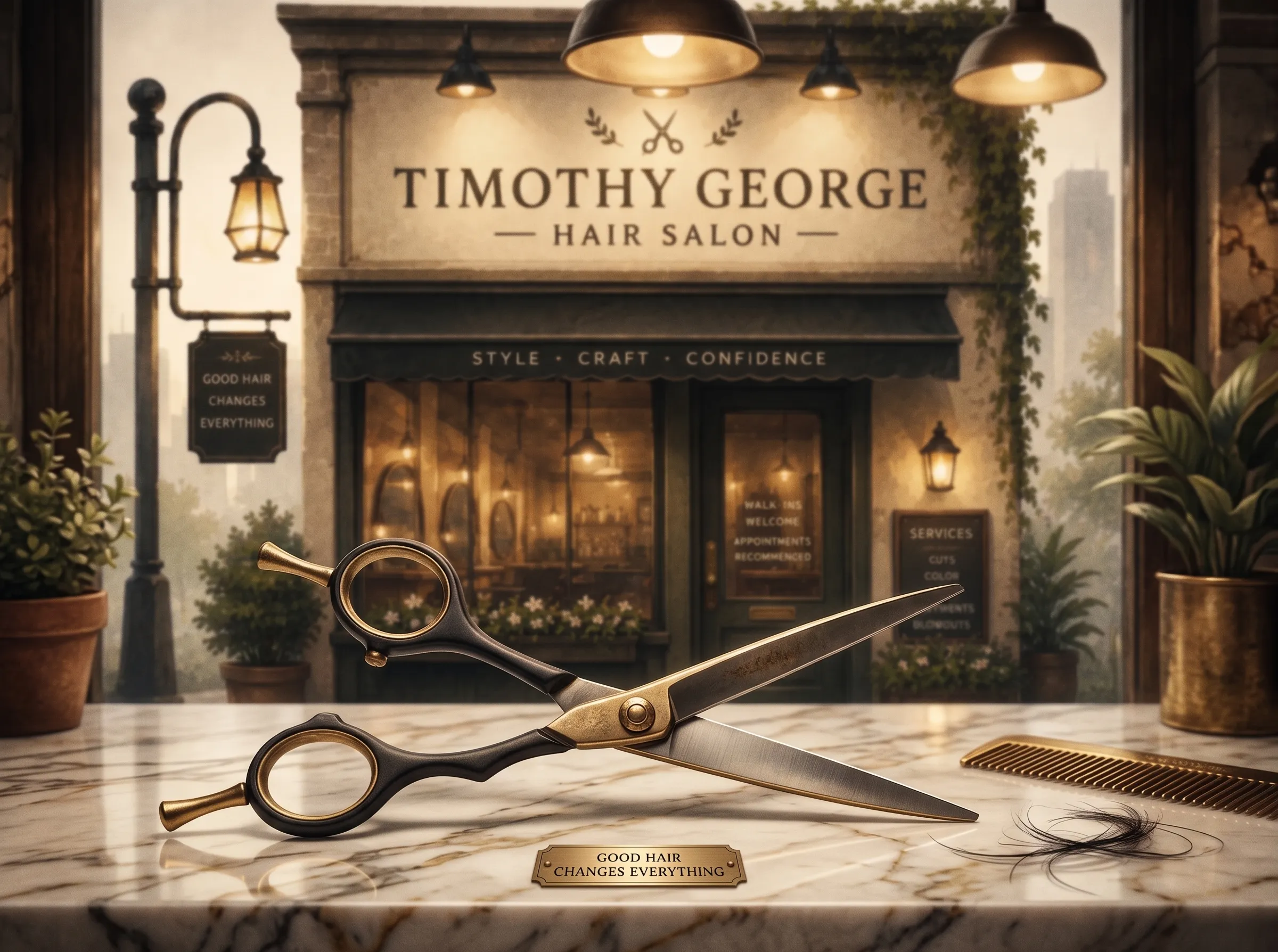 Brass-and-black shears and a gold comb on a marble counter, the Timothy George storefront glowing behind