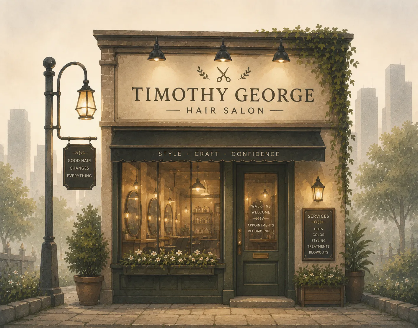 The Timothy George hair salon storefront — an ivy-clad shopfront glowing at dusk on a Treefrog street corner
